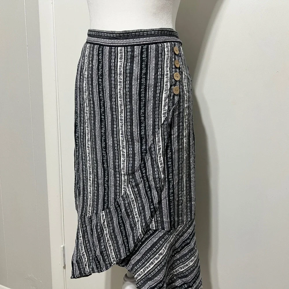 Alyx Womens Striped‎ Midi Skirt Size XL Black White Ruffle Hem Boho Festival